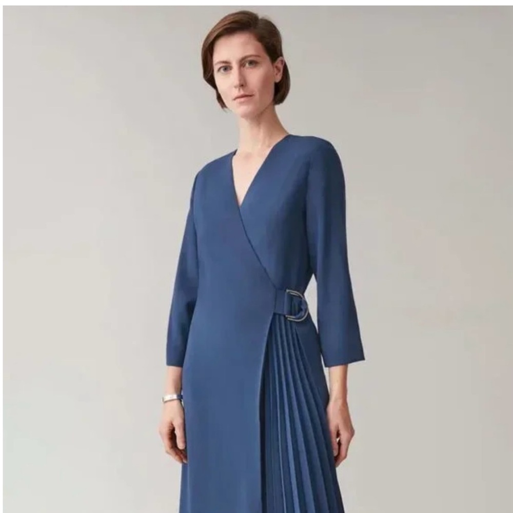 COS Blue Wrap Midi Dress with Pleated Side Panel